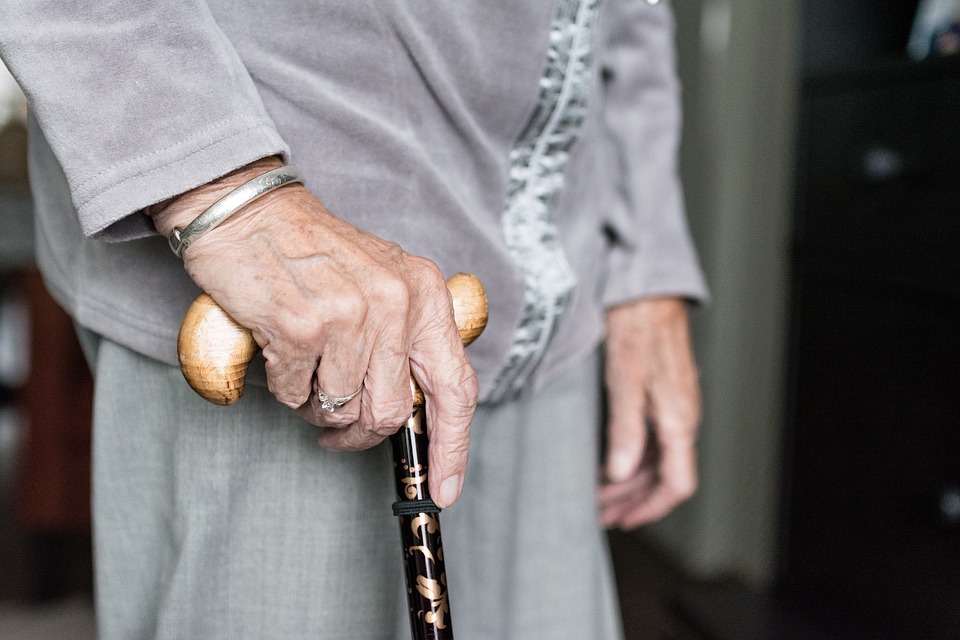 An elderly person with a walking stick.